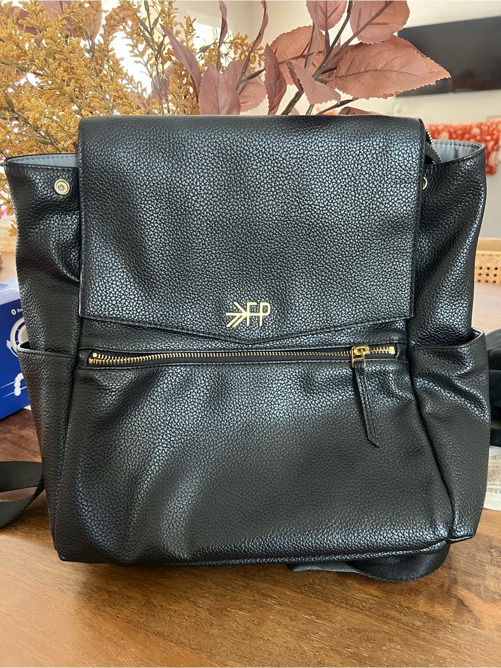 Freshly Picked Black Pebbled Leather Diaper Backpack with Gold Hardware